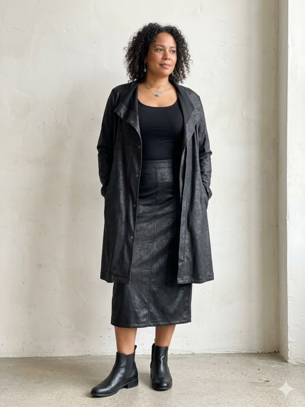 Sarah Pacini Black Set Textured Faux-Leather Trench Coat And Skirt
